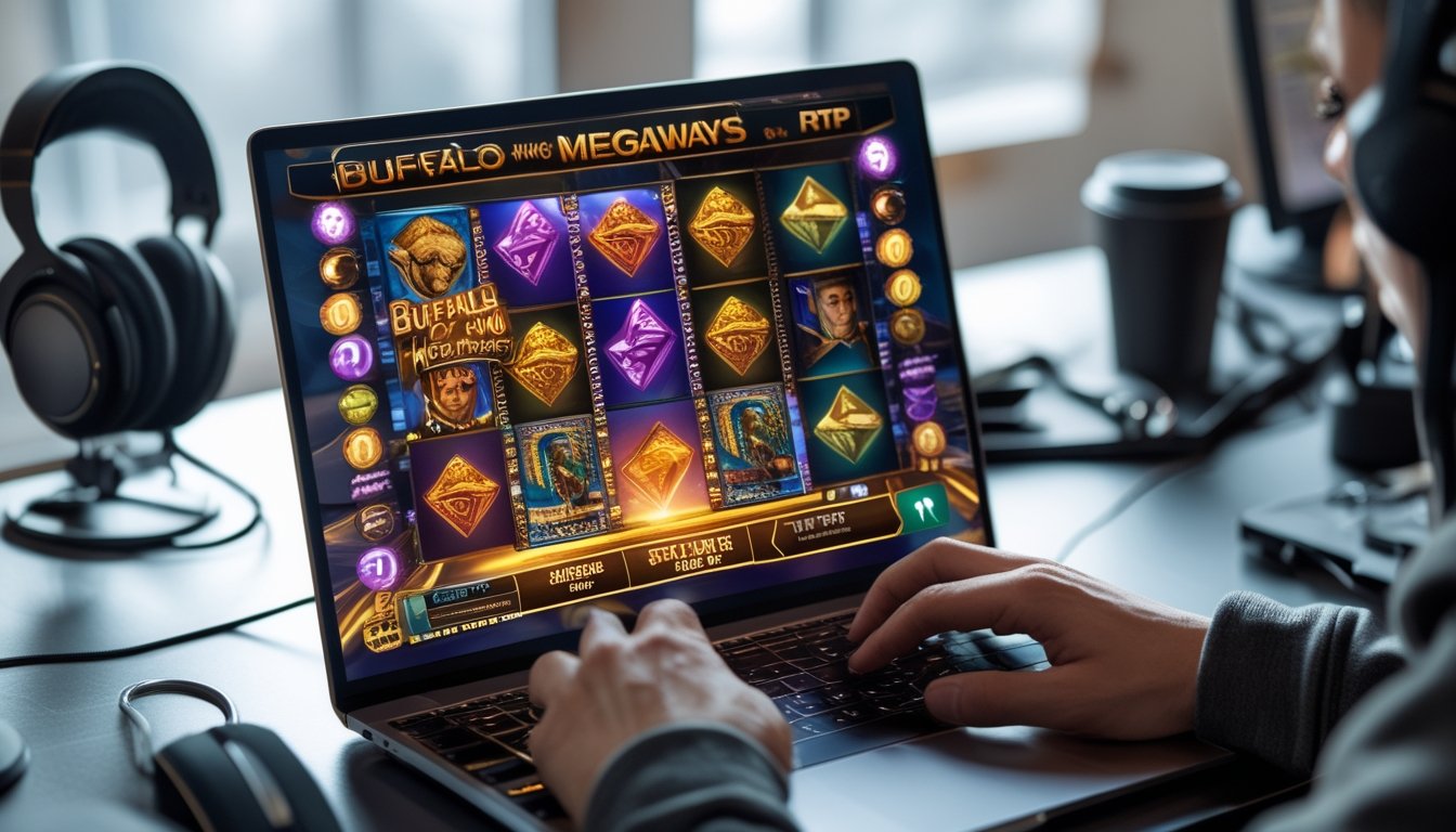 Seorang pemain sedang bermain game slot Buffalo King Megaways di komputer dengan grafik warna-warni dan suasana kerja yang rapi.