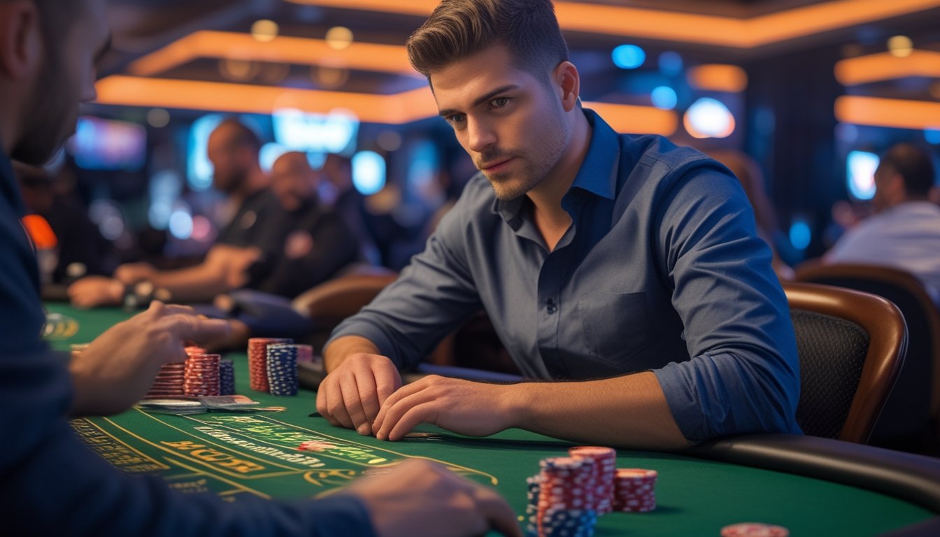Seorang pemain poker fokus bermain di meja kasino dengan tumpukan chip dan kartu, suasana kompetitif dan penuh konsentrasi.