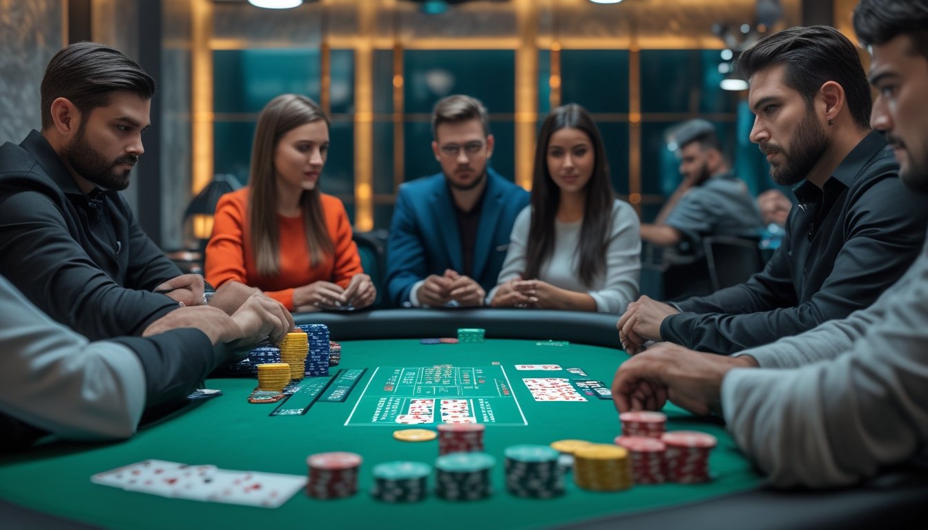 Beberapa pemain poker sedang bermain di meja dengan kartu dan tumpukan chip, menunjukkan suasana permainan Turbo dan Hyper-Turbo Hold’em yang cepat dan fokus.