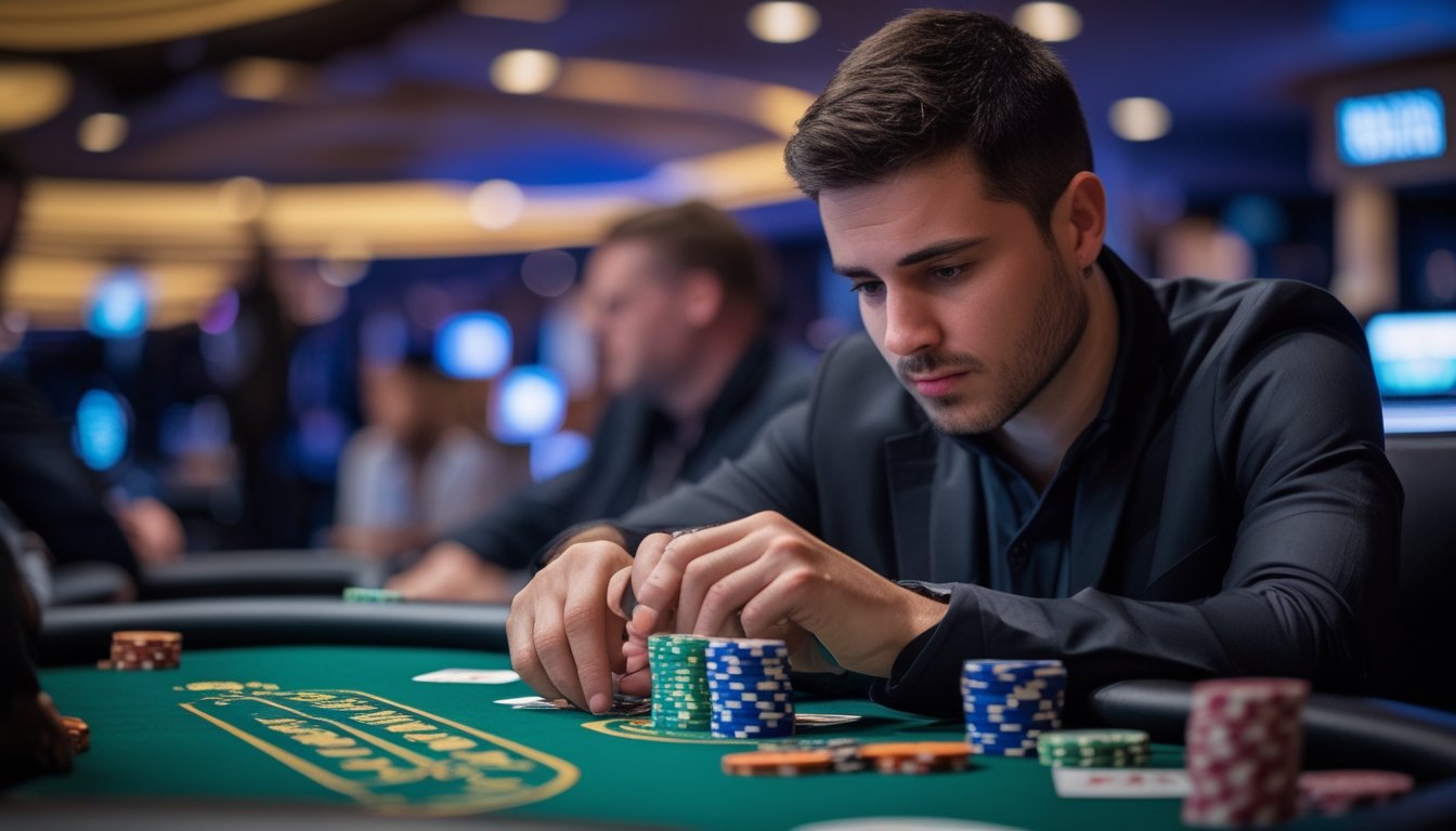 Seorang pemain poker fokus duduk di meja kasino dengan kartu dan chip, suasana kompetitif di sekitar meja permainan.
