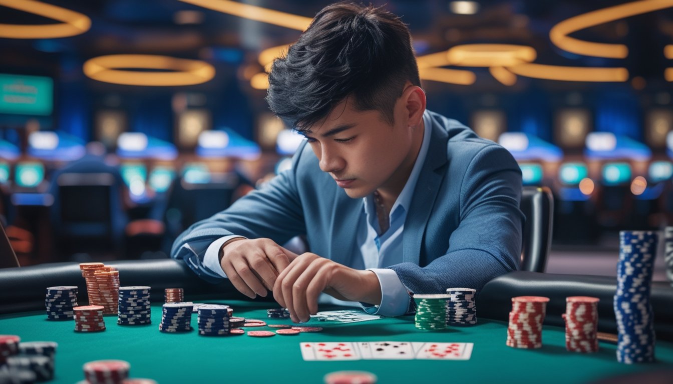 Seorang pemain poker fokus di meja dengan tumpukan chip dan kartu, suasana kasino yang dinamis dan cepat.