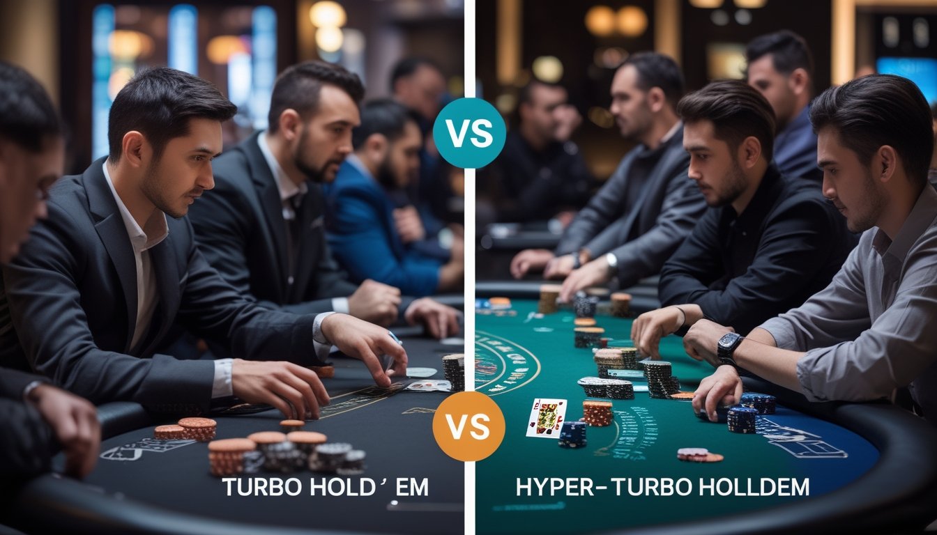 Dua meja poker berdampingan di kasino dengan pemain yang berbeda fokus, satu bermain dengan tempo standar dan satu lagi dengan tempo cepat.