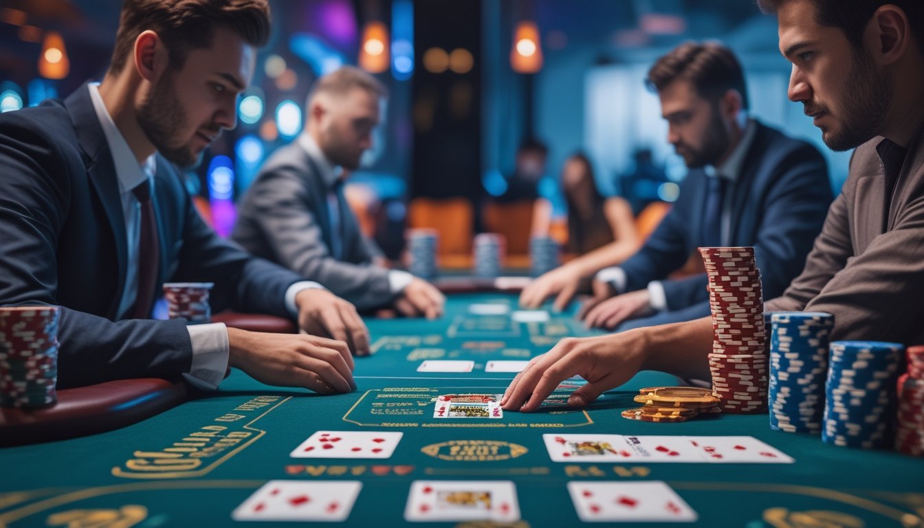 Dua pemain poker sedang bermain di meja kasino dengan tumpukan chip dan kartu, menunjukkan suasana permainan yang kompetitif.