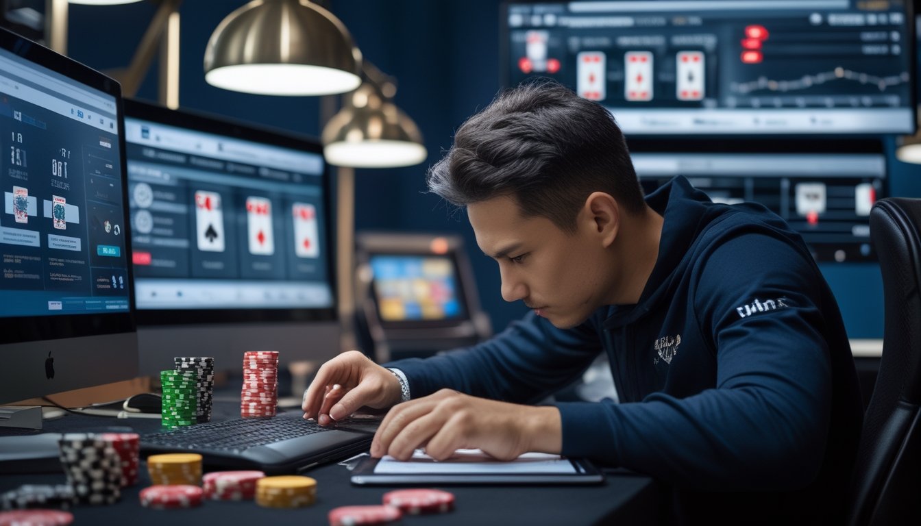Seorang pria dewasa sedang mengelola chip poker dan mencatat keuangan di meja dengan perangkat digital yang menampilkan permainan poker online.