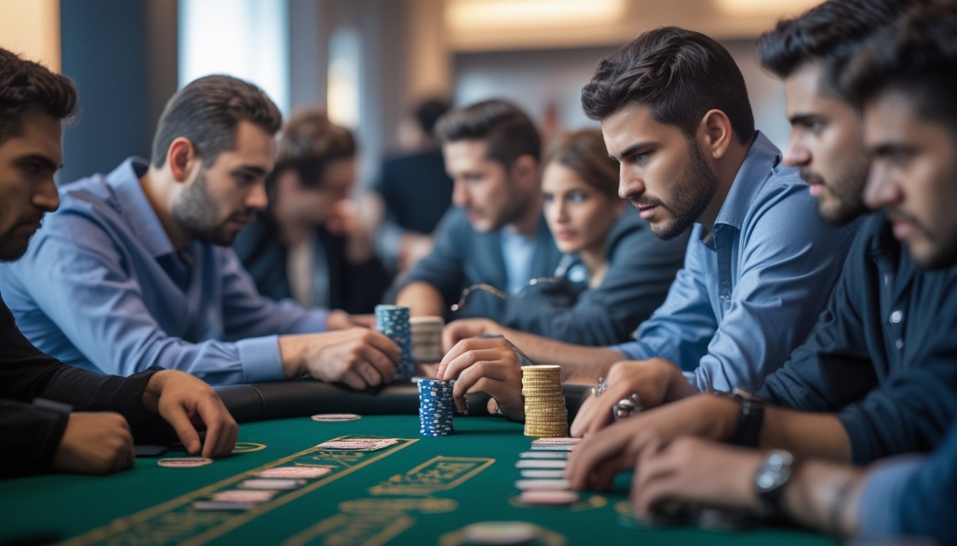Seorang pemain poker fokus memperhatikan kartu dan tumpukan chip di meja poker saat turnamen Hyper-Turbo Hold’em berlangsung dengan beberapa pemain lain yang serius mengamati permainan.