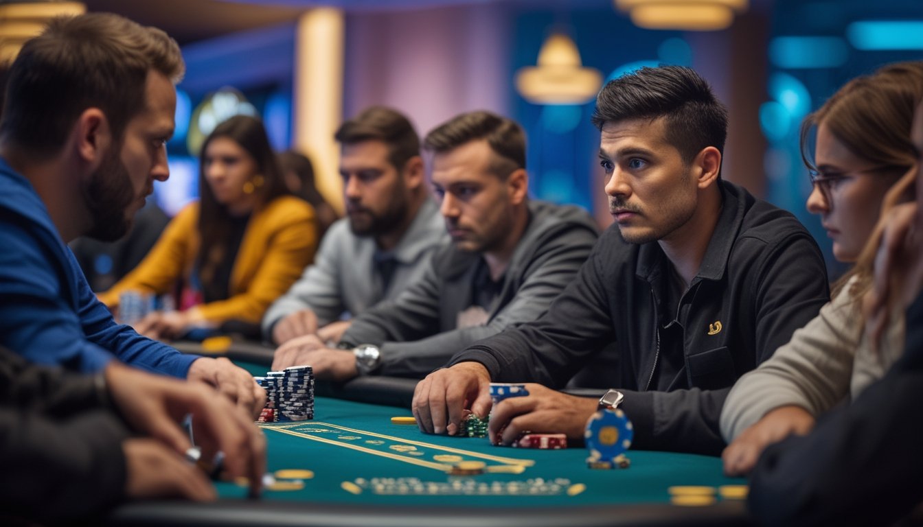 Seorang pemain poker yang fokus memperhatikan lawan di meja poker dalam suasana turnamen.