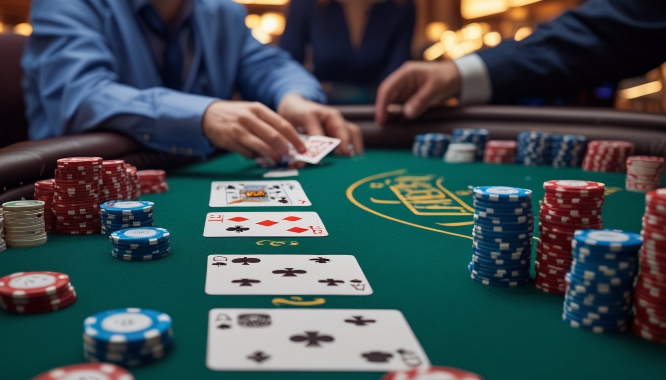 Meja kasino dengan kartu remi dan chip poker, tangan dealer sedang membagikan kartu kepada pemain.