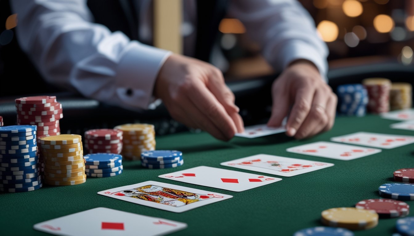 Meja kasino dengan kartu remi dan tumpukan chip poker, tangan dealer sedang membuka kartu.