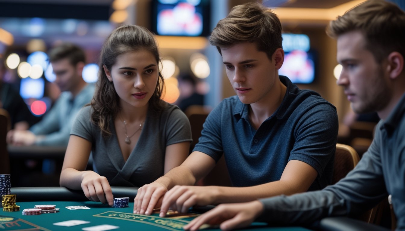 Dua pemain muda sedang bermain Turbo Hold’em di meja poker kasino dengan ekspresi fokus dan serius.