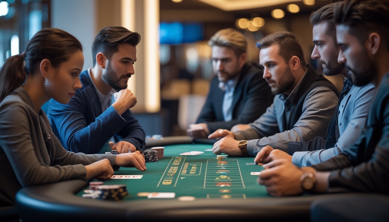 Sekelompok pemain poker sedang bermain Turbo Hold’em di meja kasino dengan suasana fokus dan serius.