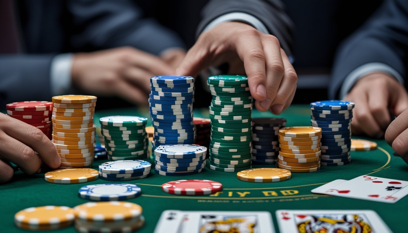 Meja poker dengan tumpukan chip dan kartu, satu tangan mendorong chip ke depan dan tangan lain melipat kartu.