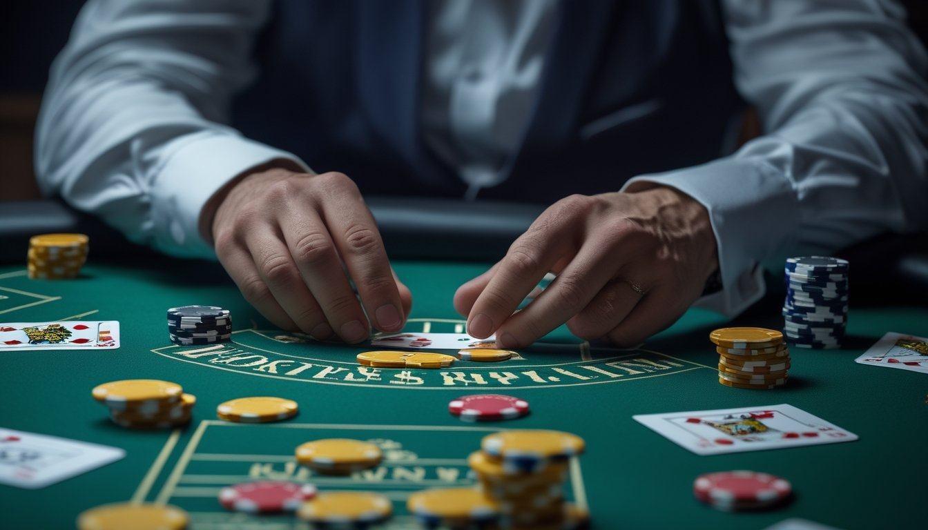 Seorang pemain poker fokus di meja dengan kartu dan chip poker di tangan, sedang membuat keputusan penting dalam permainan Hyper-Turbo Hold'em.