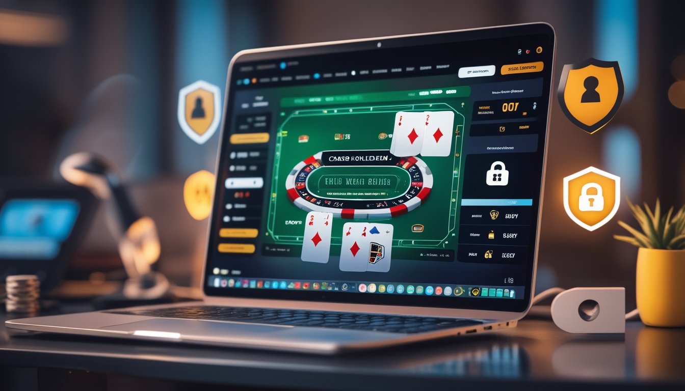 Seorang pemain duduk di depan komputer dengan layar menampilkan permainan poker online, dikelilingi simbol keamanan seperti gembok dan perisai.