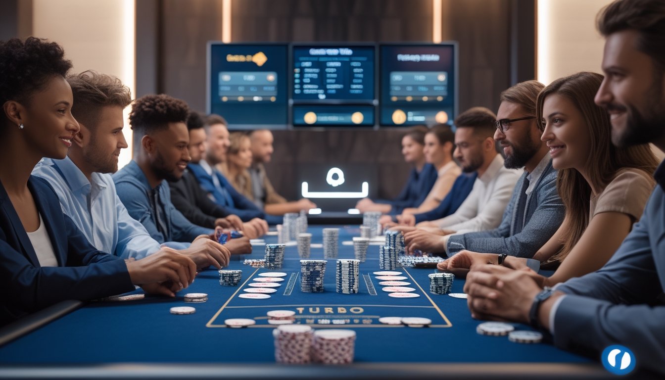 Sekelompok orang sedang bermain poker di meja kasino dengan suasana yang aman dan profesional.