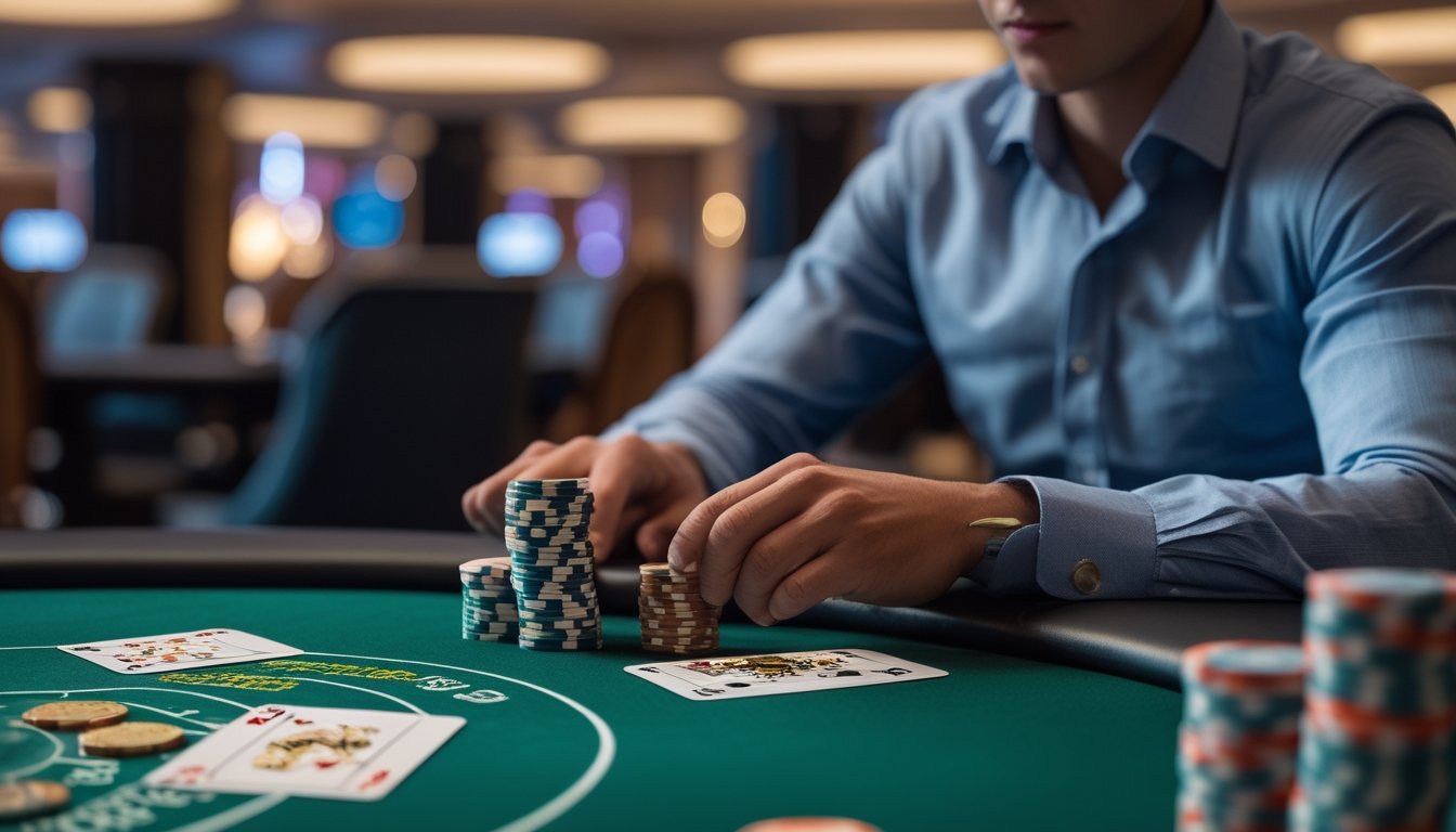 Seseorang duduk di meja poker kasino dengan tumpukan chip dan kartu bermain, fokus pada permainan.