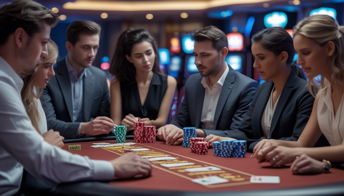 Sekelompok orang sedang bermain Casino War Poker di meja poker dengan kartu dan chip, terlihat fokus dan serius.
