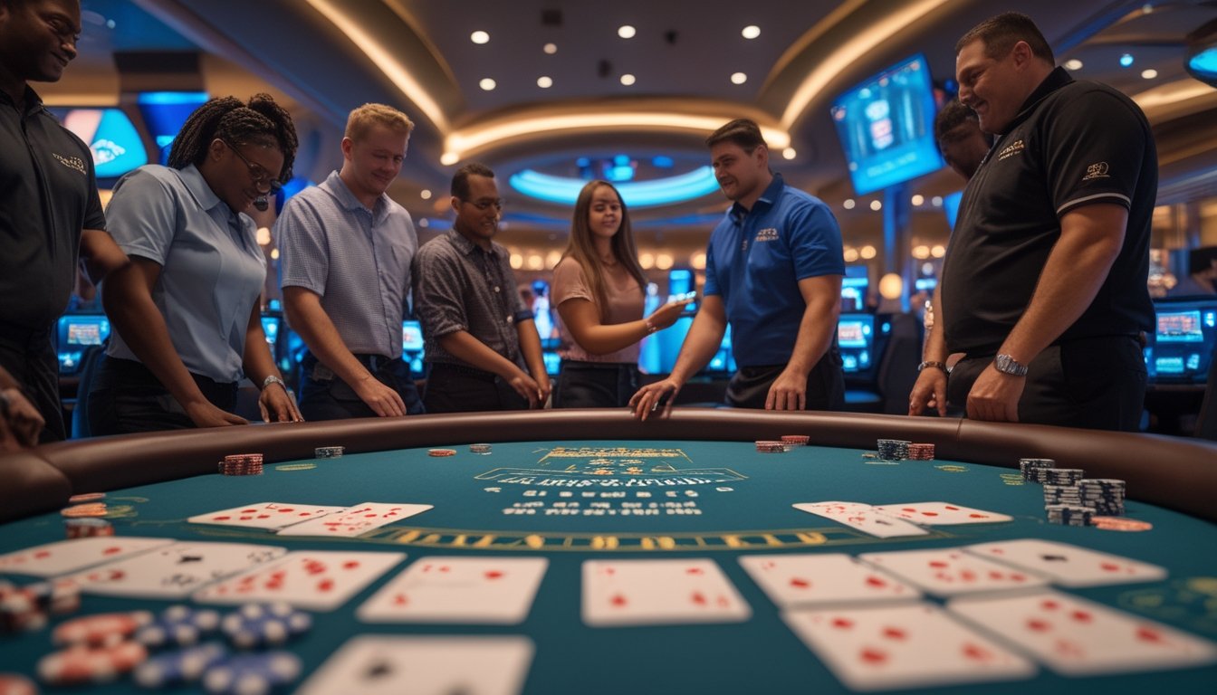 Meja blackjack di kasino dengan pemain pemula belajar dari dealer di latar belakang.