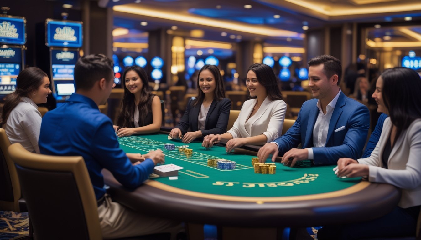 Suasana meja blackjack Vegas Strip di kasino dengan pemain dan dealer yang sedang bermain kartu.