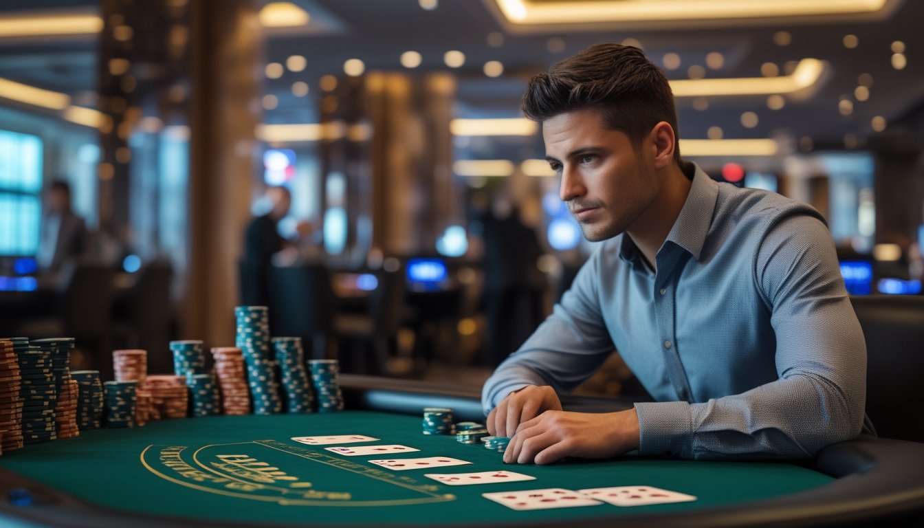 Seorang pemain sedang duduk di meja blackjack di kasino Vegas Strip, fokus merencanakan langkah berikutnya dengan kartu dan tumpukan chip di meja.