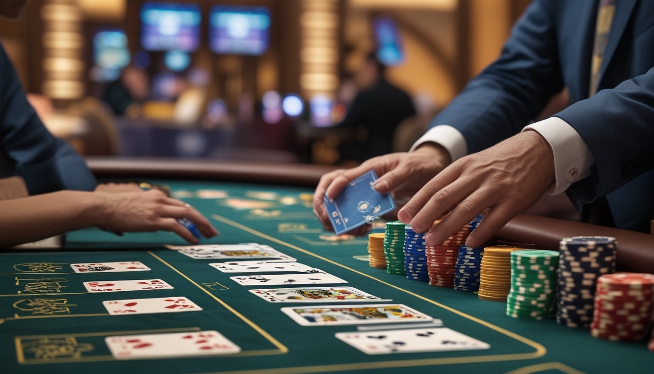 Meja blackjack Vegas Strip dengan dealer membagikan kartu dan tumpukan chip di kasino yang mewah.