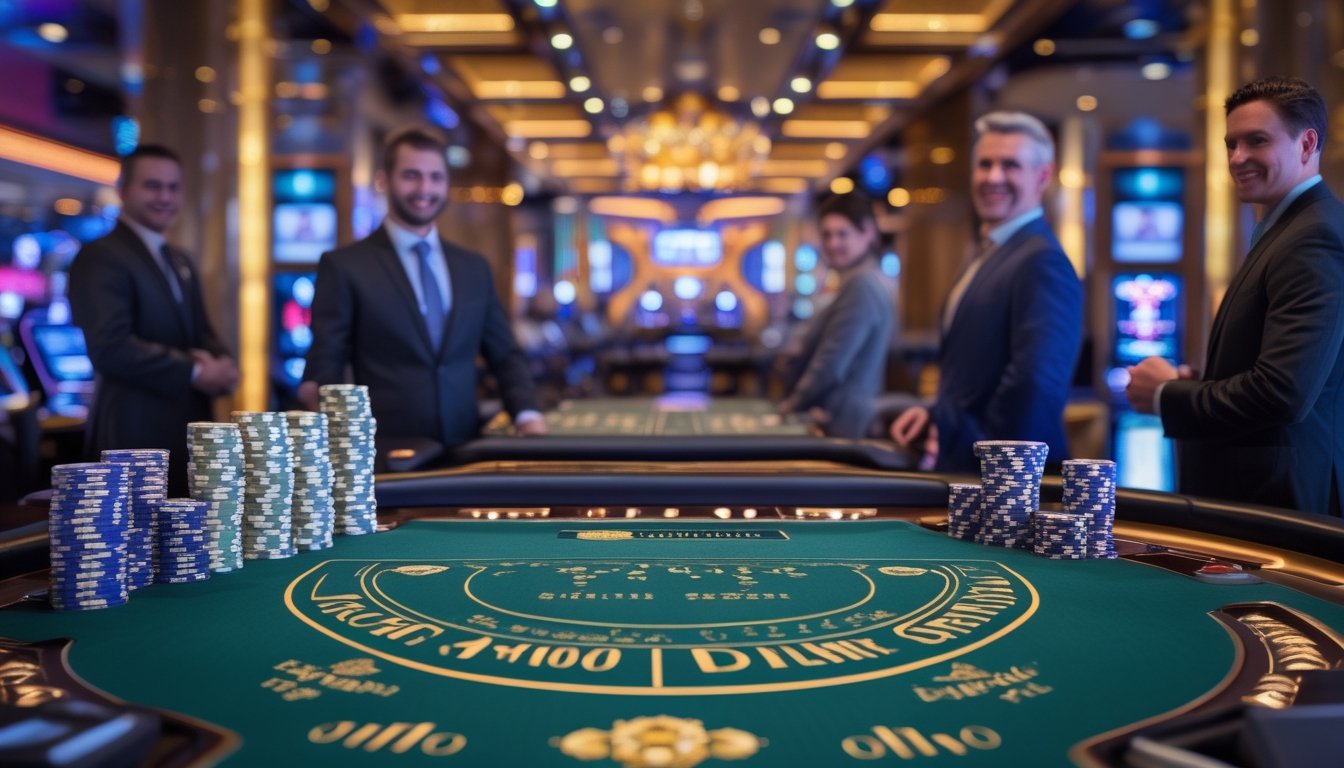 Meja blackjack modern di kasino mewah dengan pemain dan dealer, lampu warna-warni di latar belakang.