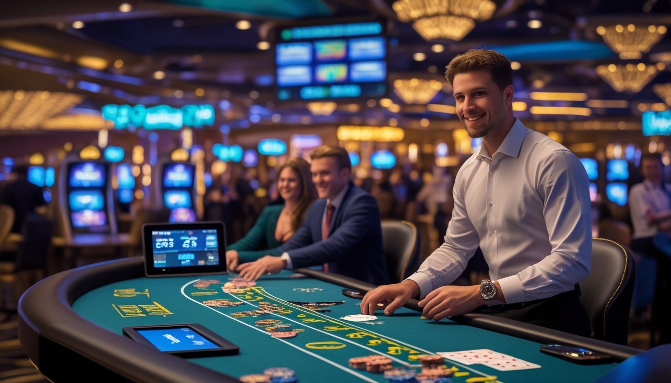 Meja blackjack di kasino Vegas dengan pemain dan dealer berinteraksi, dikelilingi lampu warna-warni dan suasana ramai.