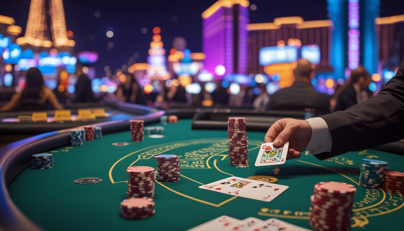 Meja blackjack di kasino dengan kartu dan chip, latar belakang lampu neon dan gedung-gedung di Las Vegas Strip.