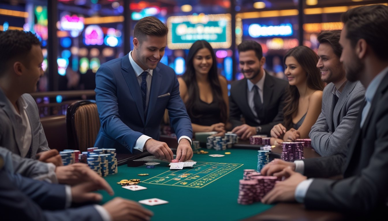 Suasana meja blackjack di kasino dengan dealer dan beberapa pemain yang sedang bermain, latar belakang menampilkan pemandangan kota Las Vegas dengan lampu neon yang terang.