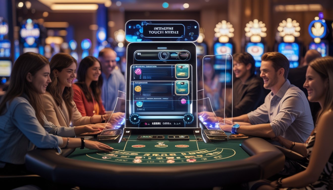 Meja blackjack modern dengan pemain yang menggunakan platform digital yang mudah digunakan di lingkungan kasino bergaya Vegas Strip.