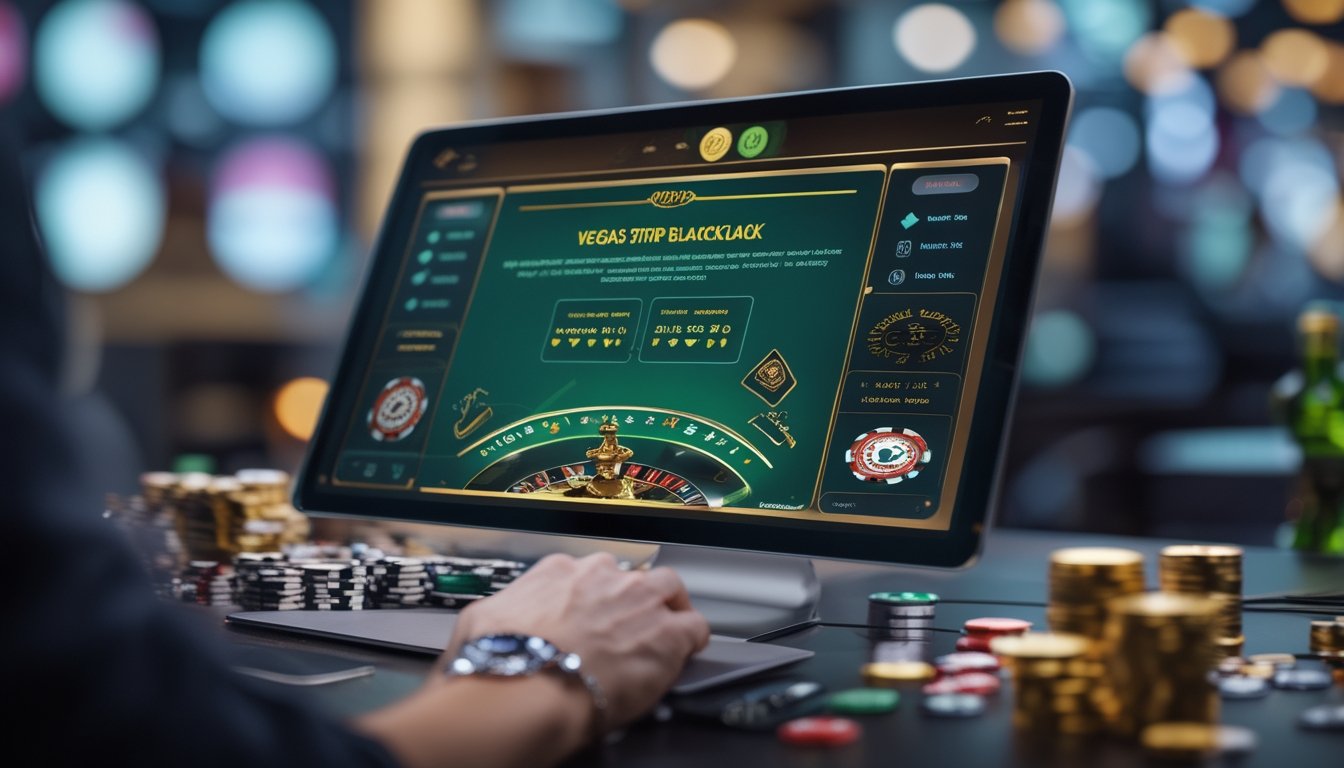 Layar perangkat digital menampilkan antarmuka platform blackjack Vegas Strip yang mudah digunakan dengan latar belakang elemen kasino samar.