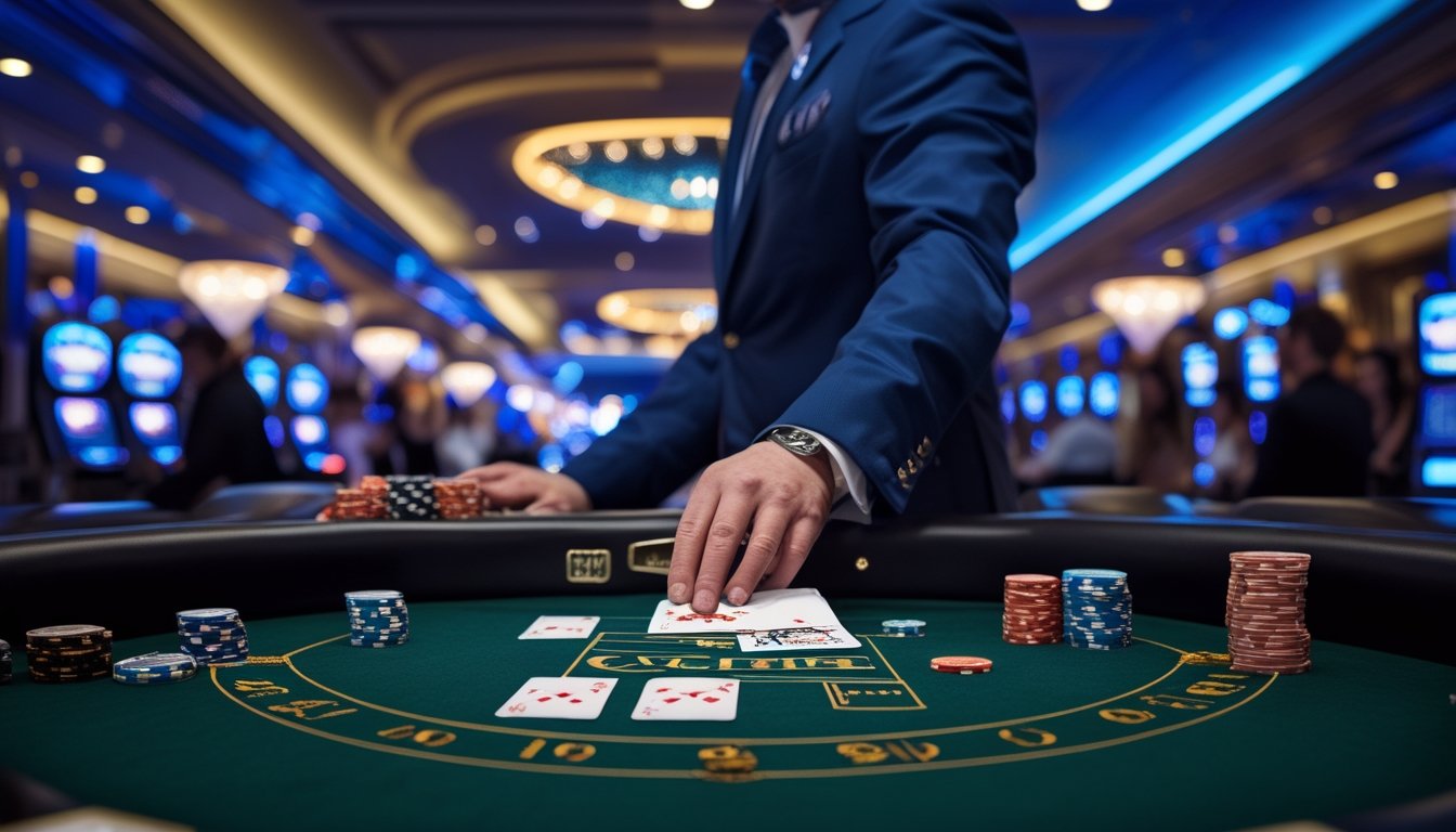 Meja blackjack di kasino dengan kartu dan chip, dealer sedang membagikan kartu, latar belakang menampilkan lampu neon dan suasana kasino yang ramai.