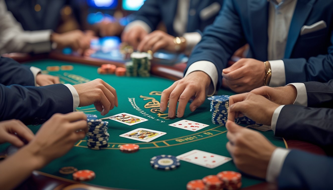 Meja blackjack di kasino dengan dealer dan pemain yang sedang bermain kartu dalam suasana kasino mewah.