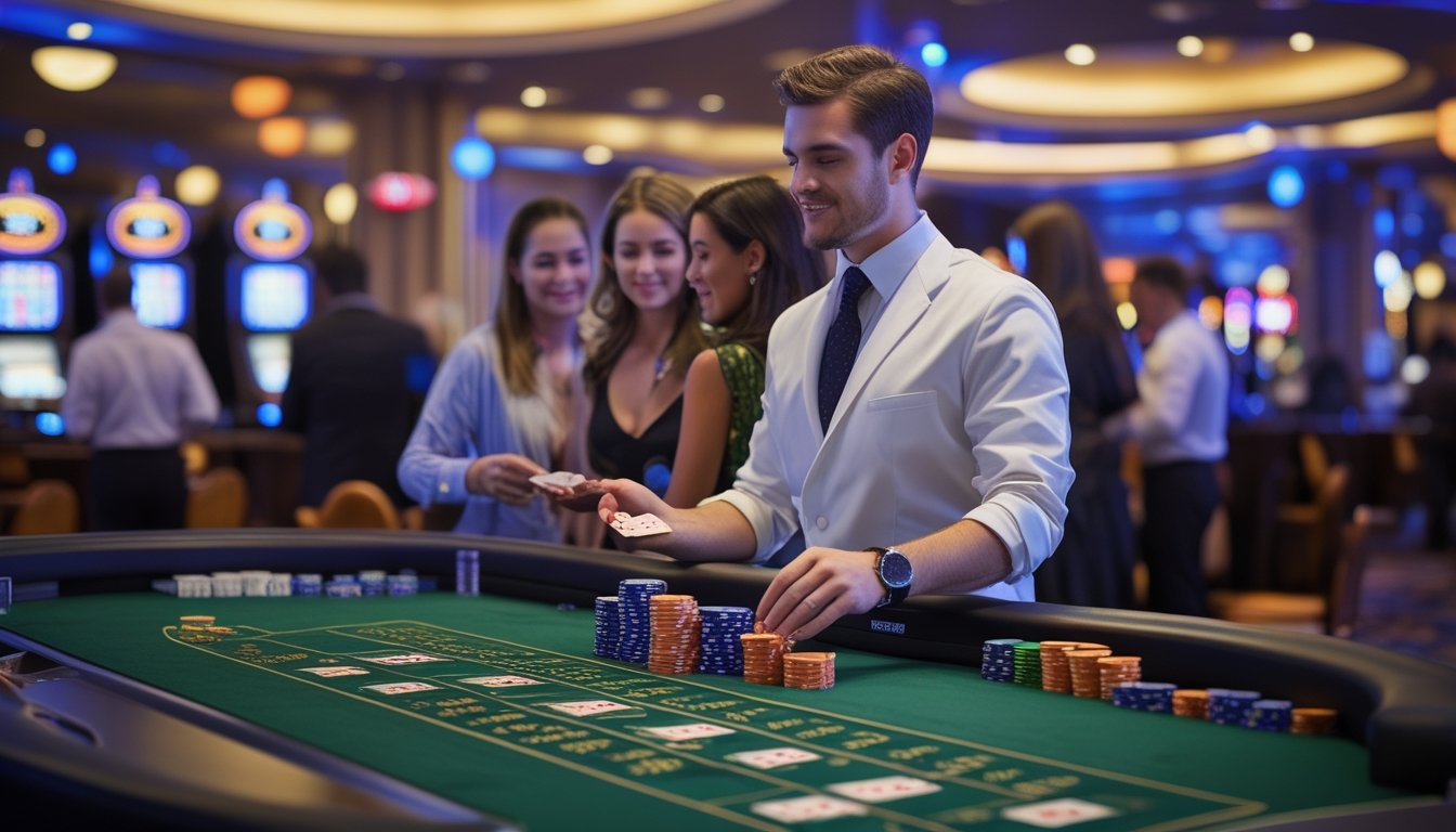 Meja blackjack di kasino dengan dealer dan pemain yang sedang bermain kartu, suasana kasino yang ramai dan terang.