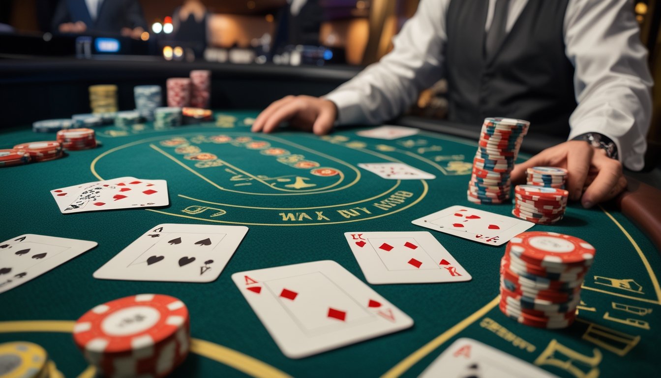 Meja kasino dengan kartu blackjack dan tumpukan chip warna-warni, seorang dealer terlihat di latar belakang.