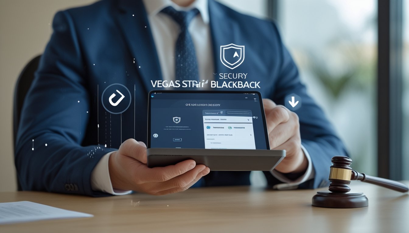 Seorang profesional memegang tablet dengan tampilan antarmuka permainan blackjack online, dikelilingi simbol keamanan dan legalitas di kantor modern.