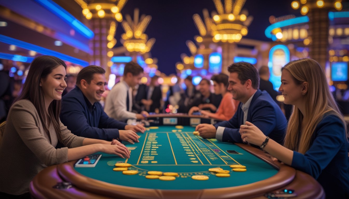 Meja blackjack di kasino Las Vegas dengan pemain yang sedang bermain dan lampu neon yang terang di latar belakang.