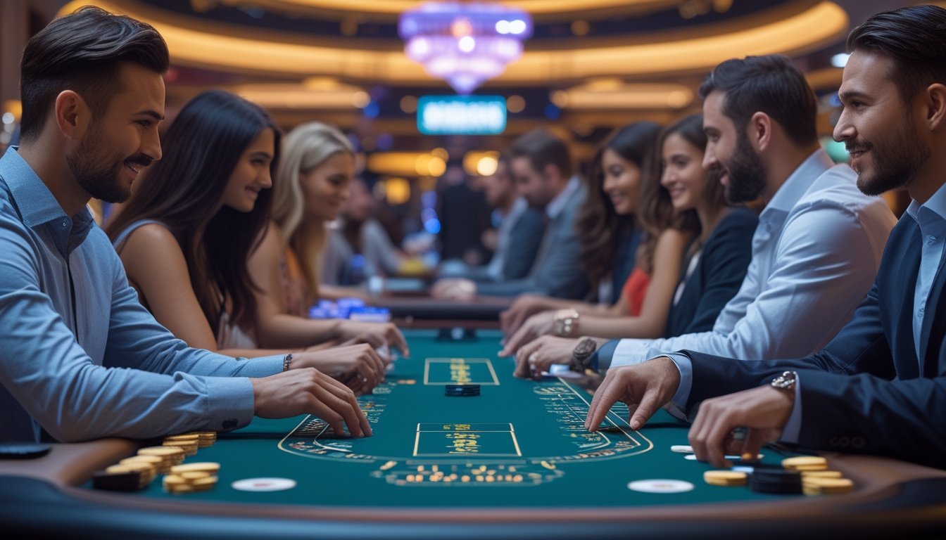 Beberapa orang bermain blackjack di meja kasino dengan suasana mewah dan pencahayaan neon di latar belakang.