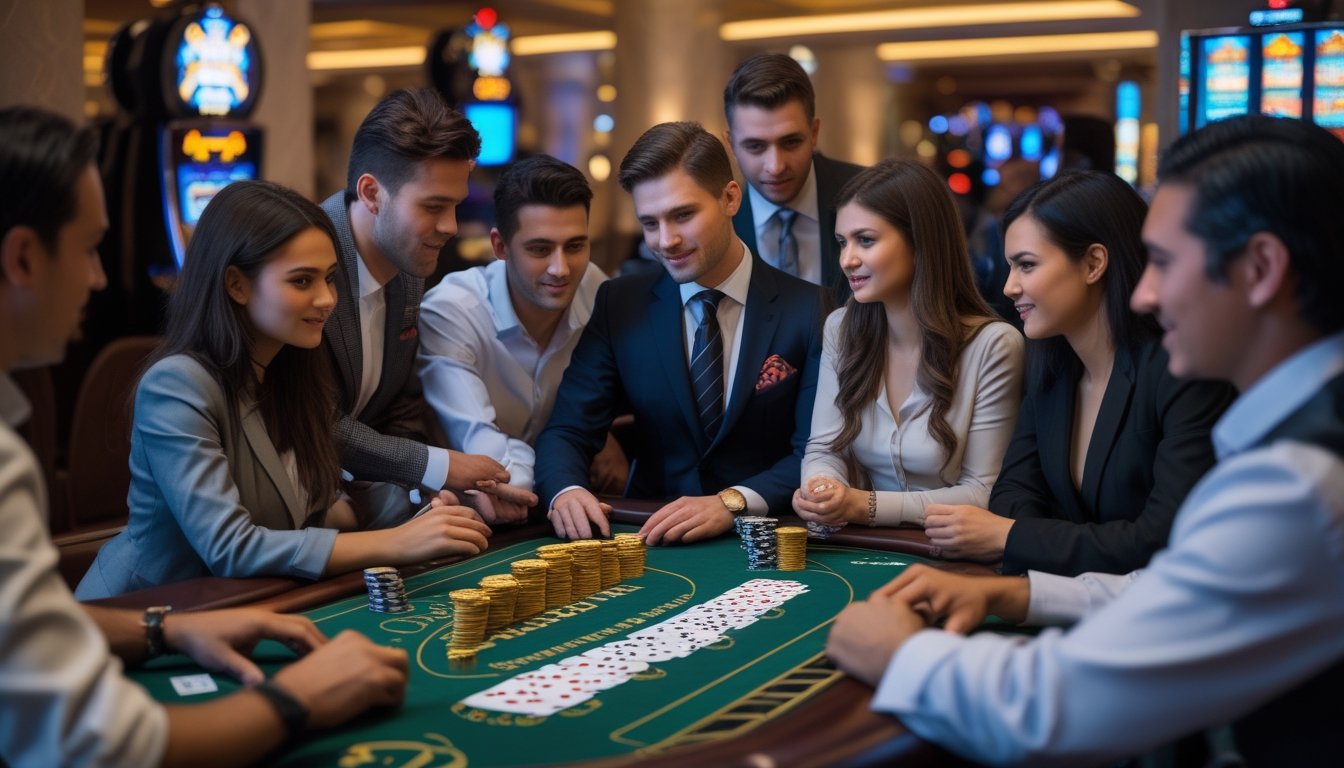 Sekelompok orang bermain Blackjack di meja kasino dengan kartu dan chip, fokus pada suasana permainan yang serius dan strategis.