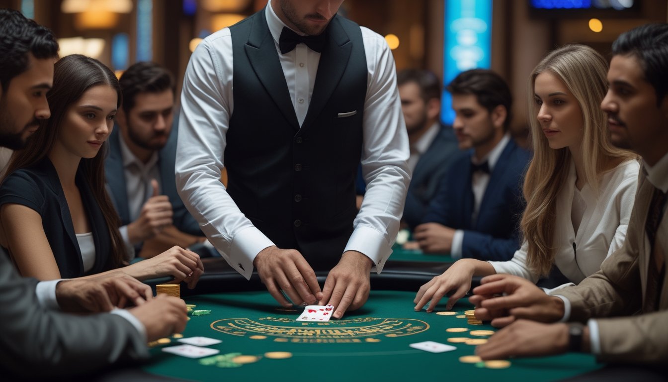 Seorang dealer dan beberapa pemain sedang bermain blackjack di meja kasino dengan suasana yang serius dan fokus.