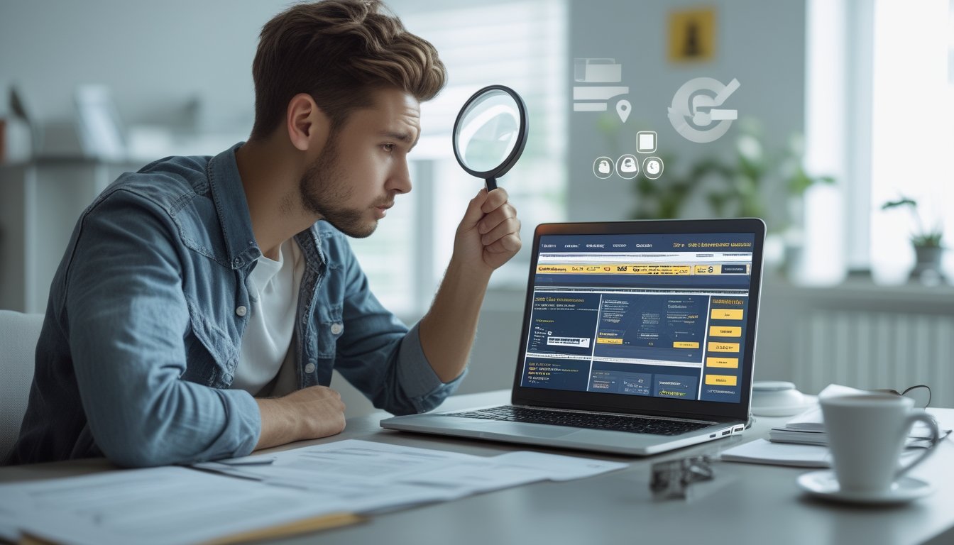 Seorang dewasa muda duduk di meja dengan laptop, memeriksa situs taruhan online dengan ekspresi cermat dan alat pembesar.