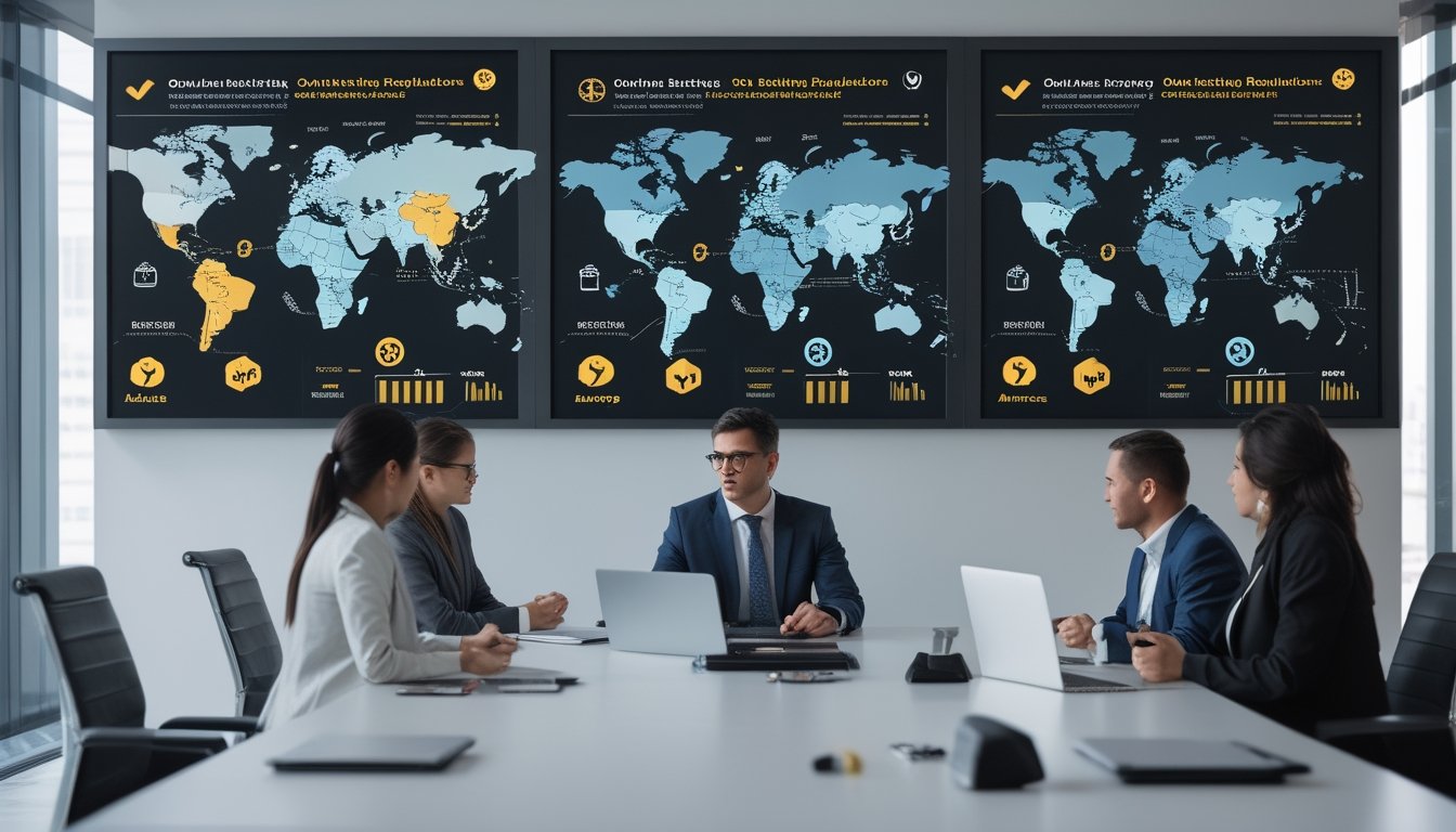 Tiga profesional bisnis sedang berdiskusi di meja konferensi dengan layar besar yang menampilkan peta Asia, Eropa, dan Amerika serta simbol terkait platform taruhan online.