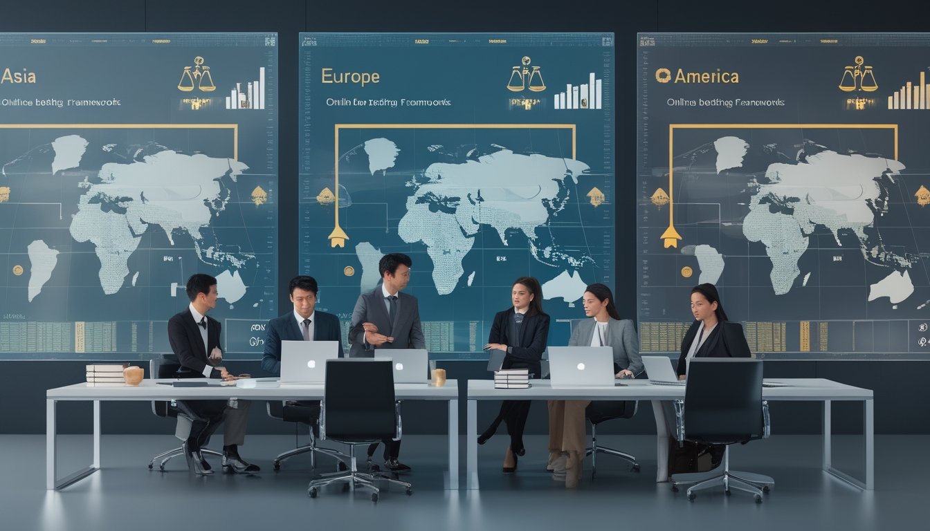 Sekelompok profesional beragam berdiskusi di ruang kantor modern dengan layar digital menampilkan peta Asia, Eropa, dan Amerika serta simbol hukum dan taruhan online.