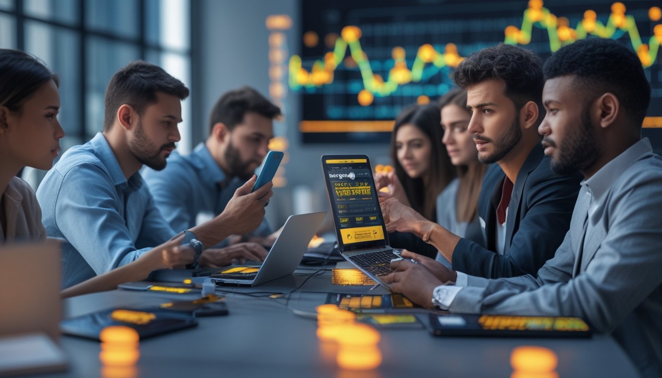 Sekelompok orang dari berbagai latar belakang menggunakan perangkat digital di lingkungan kota, menunjukkan dampak sosial dan ekonomi dari pertumbuhan platform taruhan online.