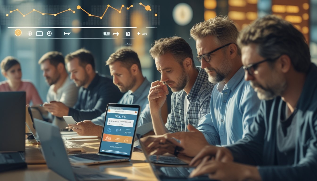 Sekelompok orang dewasa di lingkungan perkotaan menggunakan perangkat digital dengan ekspresi serius, menggambarkan dampak sosial dan ekonomi dari platform taruhan online.