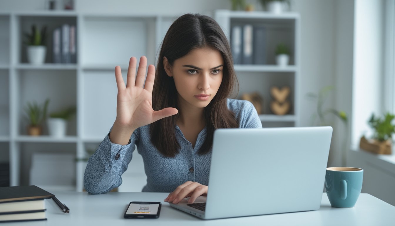 Seorang wanita muda duduk di meja kerja dengan laptop dan ponsel, tampak waspada dan mengangkat tangan seolah memberi peringatan.