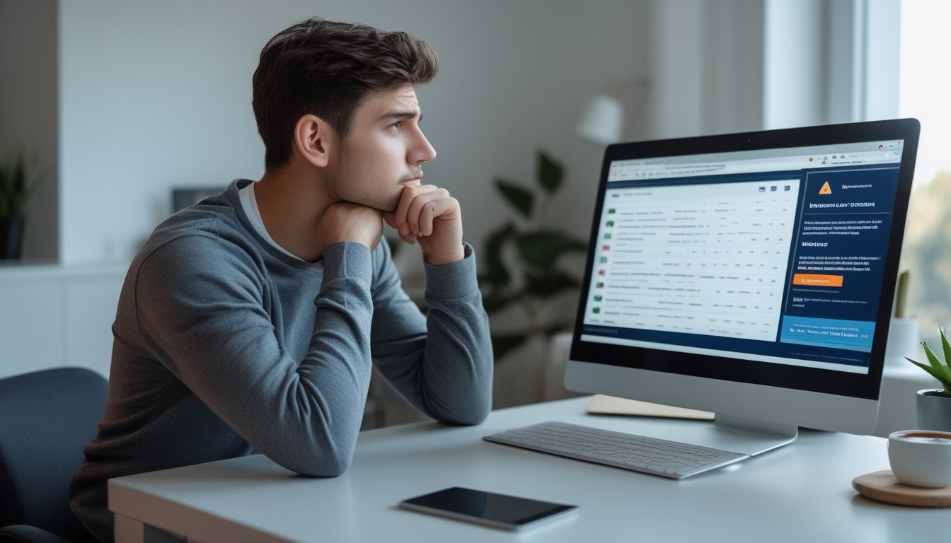 Seorang pria muda duduk di depan laptop di ruang kerja rumah, terlihat khawatir sambil melihat layar komputer yang menampilkan platform taruhan online.