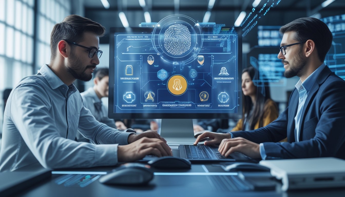Orang-orang bekerja dengan teknologi verifikasi identitas pengguna di platform taruhan online, menampilkan pemindaian sidik jari dan pengenalan wajah di layar komputer.