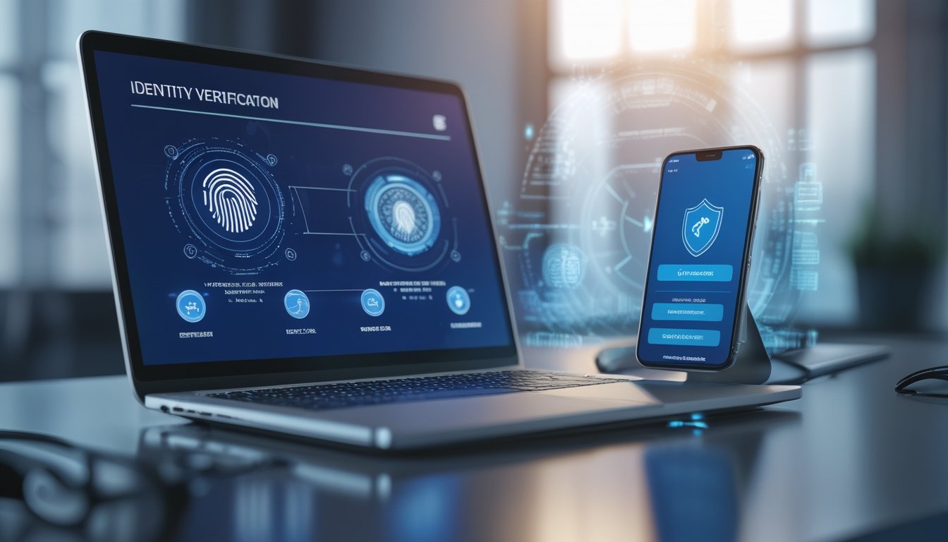 Seorang profesional menggunakan laptop dan ponsel untuk memverifikasi identitas secara digital dengan ikon biometrik dan elemen keamanan di latar belakang.