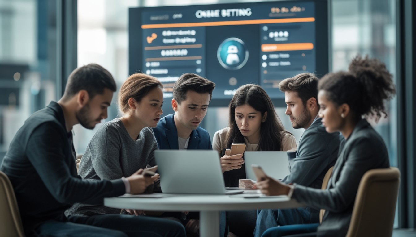 Sekelompok orang dengan ekspresi khawatir menggunakan ponsel dan laptop di lingkungan perkotaan, menggambarkan dampak sosial dari platform taruhan online.