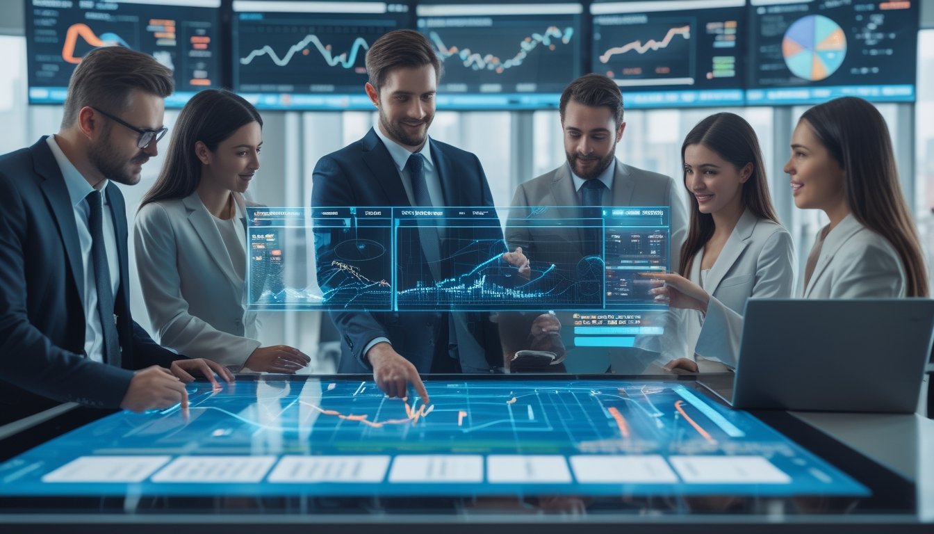 Sekelompok profesional sedang menganalisis data tren platform taruhan online menggunakan layar digital di kantor modern.